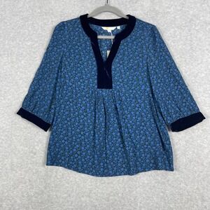 Boden Velvet Trim Tunic Blouse Womens 2 Blue Floral 3/4 Sleeve Boho Cottagecore
